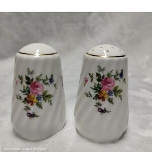 Minton Marlow Salt and Pepper Shakers Bone China Floral Spiral Made in England